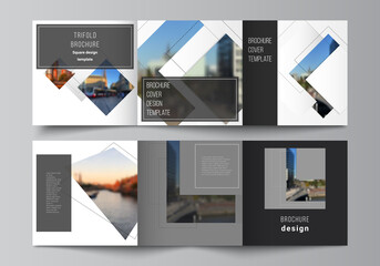 Fototapeta na wymiar Vector layout of square format covers design templates with geometric simple shapes, lines and photo place for trifold brochure, flyer, magazine, cover design, book, brochure cover.