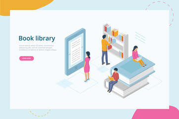 Isometric Online Library Concept. Website Landing Page. Male And Female Characters Are Reading Books, Searching Necessary Information On Internet, Studying In Online Library. 3D Vector Illustration