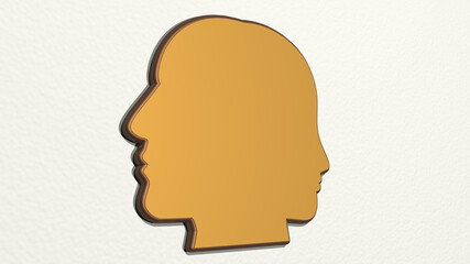 man and woman opposite faces made by 3D illustration of a shiny metallic sculpture on a wall with light background. beautiful and young