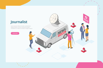 Concept Of Breaking Latest News. Website Landing Page. Characters Filming Reportage. Reporters Publishing True News Based On Information From Journalists. Web Page Isometric 3D Vector Illustration