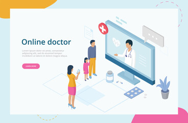 Health Care Isometric Concept, Online Doctor Consultation. Website Landing Page. Family At Doctor s Appointment. Online Medical Support With Woman Doctor Consulting. Web Page 3D Vector Illustration