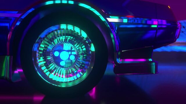 80s retrowave background 3d animation. Futuristic neon car wheel close up.