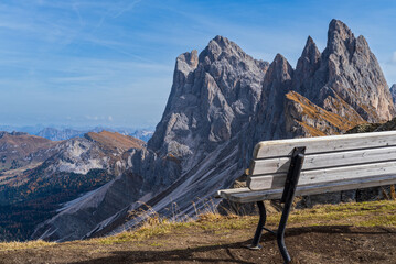 Picturesque autumn Alps mountain scene, famous italian Dolomites Seceda majestic rock, Sass Rigais, Sudtirol, Italy. Beautiful traveling, seasonal and nature beauty concept scene.