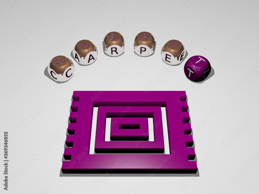 Poster 3d representation of carpet with icon on the wall and text arranged by metallic cubic letters on a m