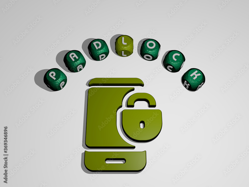 Fototapete 3d illustration of padlock graphics and text around the icon made by metallic dice letters for the r