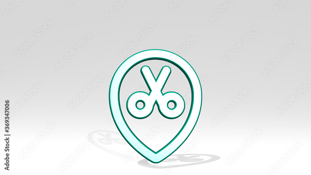 Poster style three pin scissors stand with shadow. 3d illustration of metallic sculpture over a white backg
