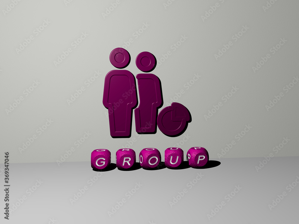 Poster 3d illustration of group graphics and text made by metallic dice letters for the related meanings of