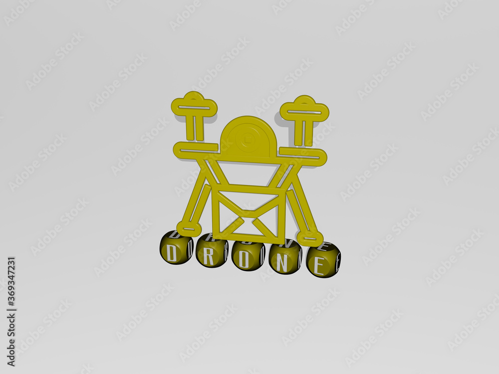 Poster 3d representation of drone with icon on the wall and text arranged by metallic cubic letters on a mi