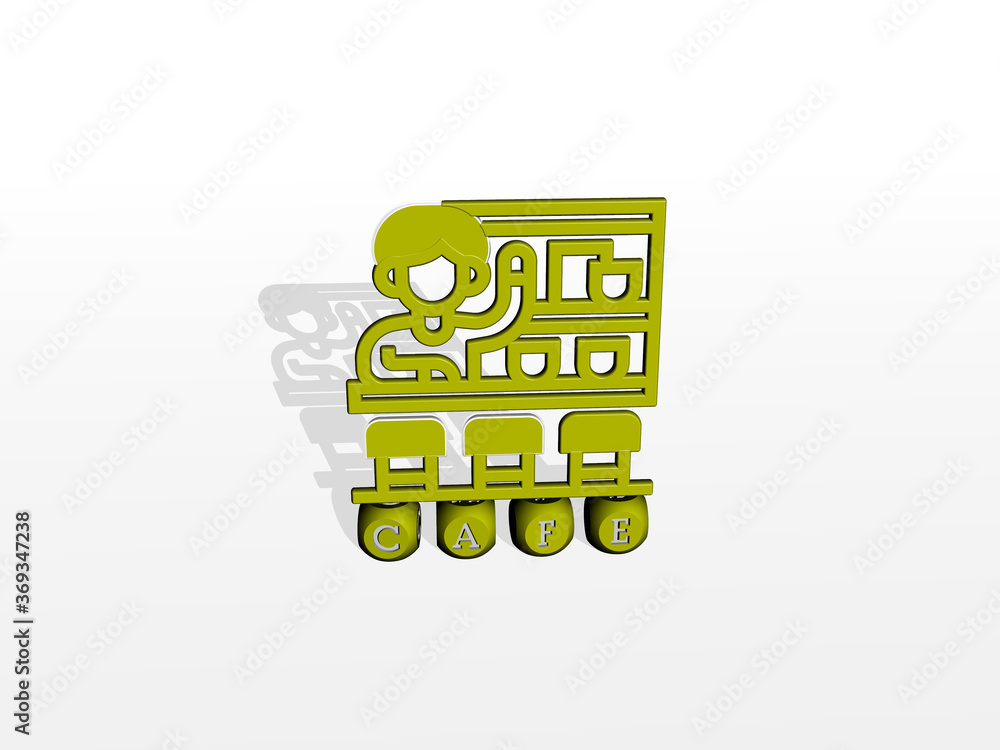 Poster 3d graphical image of cafe vertically along with text built by metallic cubic letters from the top p