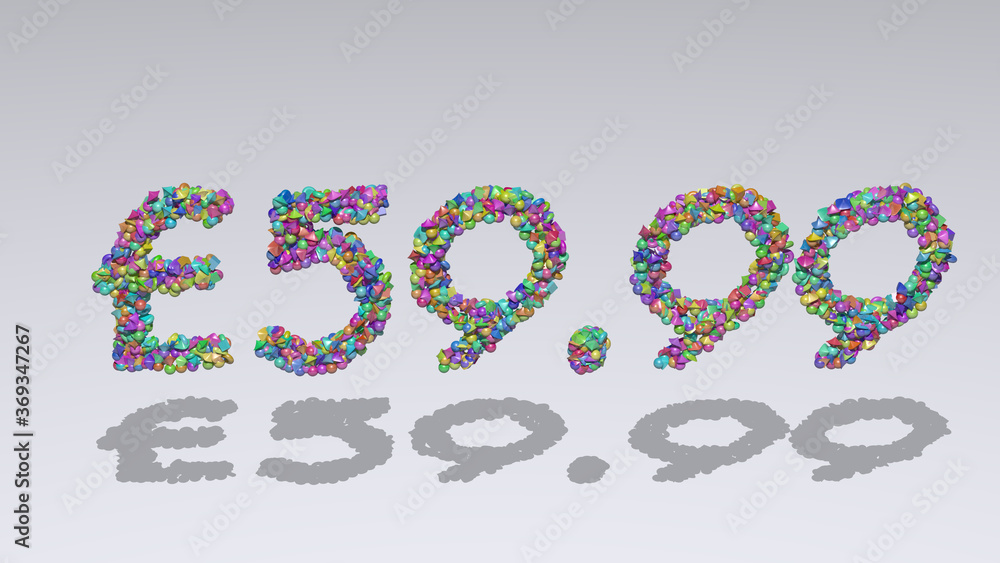 Poster colorful 3d writting of £59. text with small objects over a white background and matching shadow