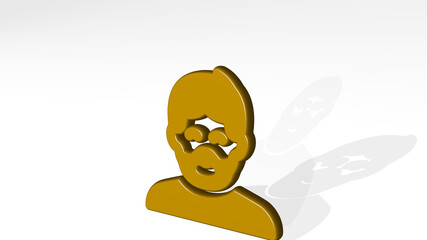 PEOPLE MAN BEARD from a perspective with the shadow. A thick sculpture made of metallic materials of 3D rendering. illustration and business