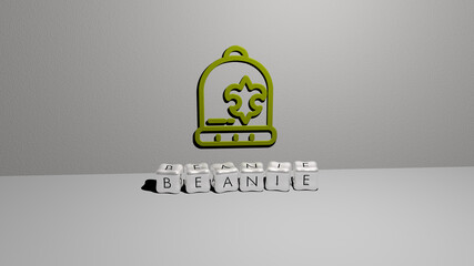 3D graphical image of beanie vertically along with text built by metallic cubic letters from the top perspective, excellent for the concept presentation and slideshows. illustration and winter