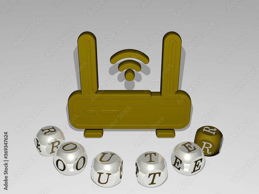 Poster 3d graphical image of router vertically along with text built around the icon by metallic cubic lett