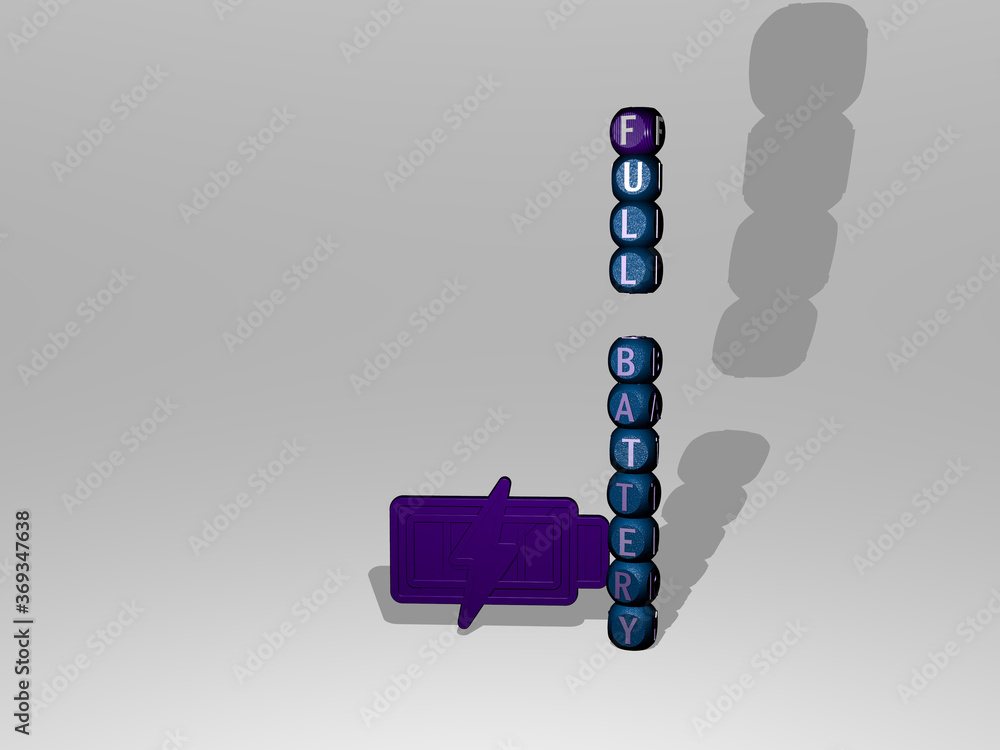 Poster 3d illustration of full battery graphics and text around the icon made by metallic dice letters for 