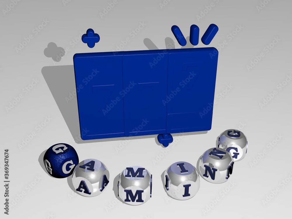 Poster 3d graphical image of gaming vertically along with text built around the icon by metallic cubic lett