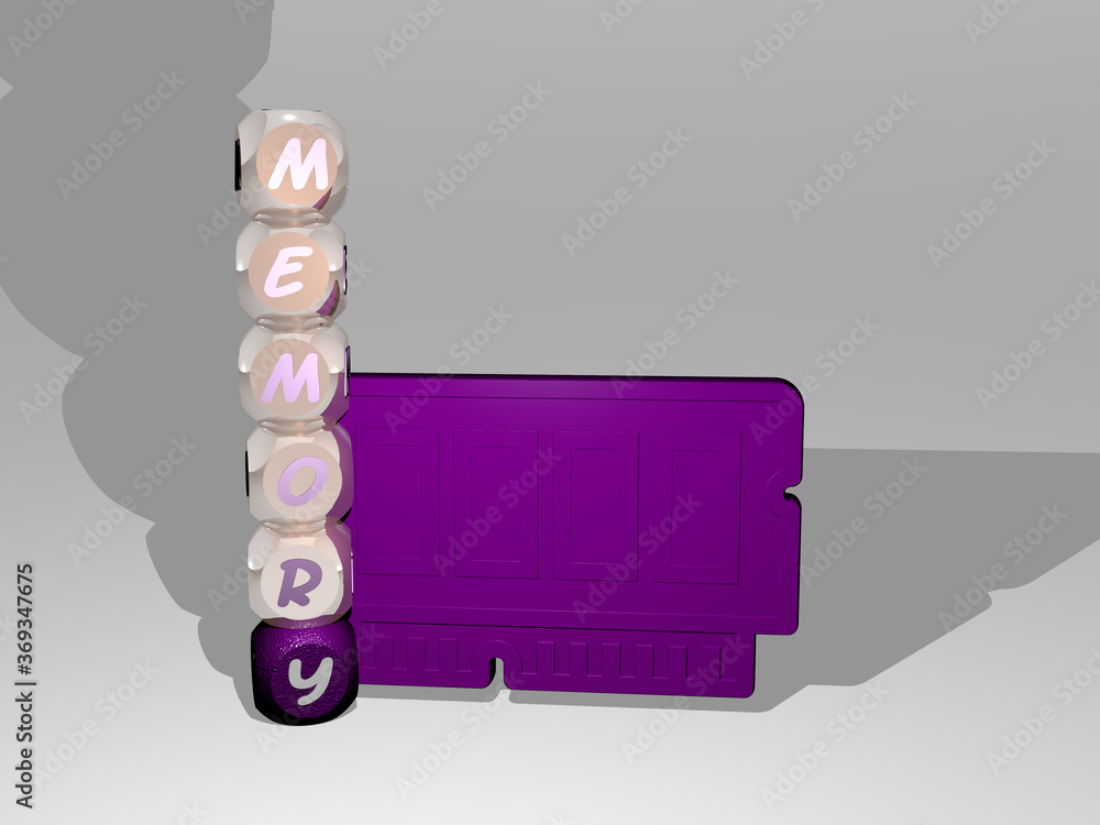 Poster 3d illustration of memory graphics and text around the icon made by metallic dice letters for the re