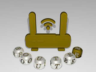 Obraz premium 3D graphical image of router vertically along with text built around the icon by metallic cubic letters from the top perspective, excellent for the concept presentation and slideshows. illustration