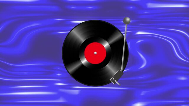 The vinyl disc player plays a disc with a red label. the background is colored with changing colors. Animation of a vector image
