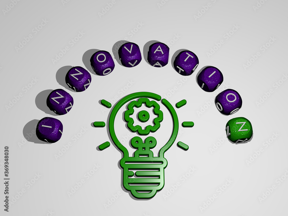 Poster 3d graphical image of innovation vertically along with text built around the icon by metallic cubic 