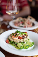 Seafood Crispy Noodles. Asian Crispy Noodles with Prawns, Mussels, Octopus and Fresh Vegetables