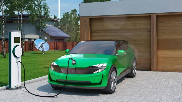 electric car SUV charging at home in front of modern low energy suburban house_3d animation