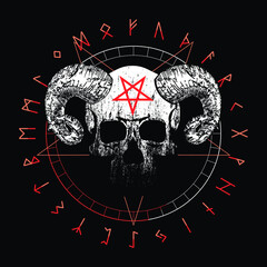 T-shirt vector design of a diabolic skull over an inverted star and runic characters isolated on black. Poster