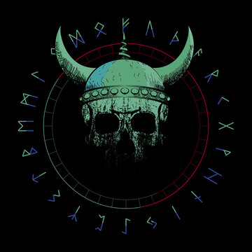 T-shirt vector design of a viking skull with horns over an inverted star and runic characters isolated on black. Poster