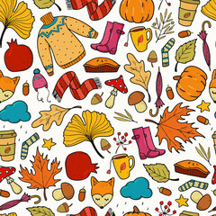 Cute seamless pattern with autumn / thanksgiving doodles on white background for prints, wallpapers, packaging, scrapbooking, stationery, etc.
