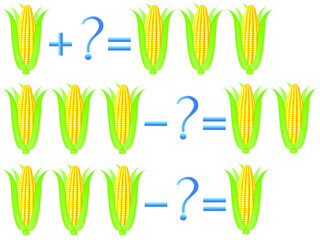 Action relationship of addition and subtraction, examples with corn. Educational games for children.