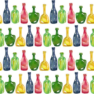 Glass bottles seamless pattern watercolor illustration. Background of shiny colorful bottles of blue, green, yellow, and pink colors. Wall of bottles.   