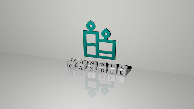 3D graphical image of CANDLE vertically along with text built by metallic cubic letters from the top perspective, excellent for the concept presentation and slideshows. background and illustration