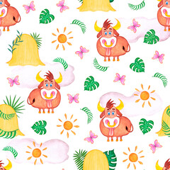 Naklejka premium bull, haystack, leaves, sun, butterfly watercolor pattern. Illustration for printing, backgrounds, wallpapers, covers, packaging, greeting cards, posters, stickers, textile and seasonal design.