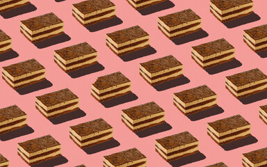 Trendy seamless food pattern - layered sponge cakes on a pastel background, minimal food isometric concept texture.