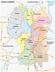administrative and road vector map of the Malaysian capital Kuala Lumpur