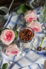 Creamy coffee pudding with chocolate chips and pecans in different glasses. Light dessert. Healthy eating.