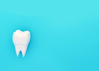 one molar tooth on blue backdrop, copy space, 3d render