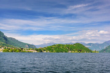 Lake Como view of the surrounding mountains and coastal cities. Italy