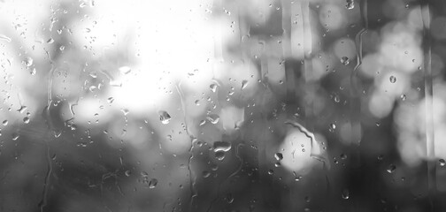 View through the window to garden of house, raining. Rainfall outside the window or outside the glass, Rain drops on window or on glass.
