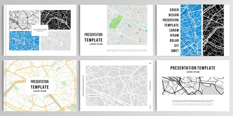 Vector layouts of presentation design templates with urban city map of Paris for brochure, cover design, flyer, book design, magazine, poster.