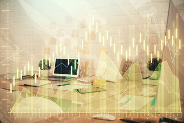 Multi exposure of stock market chart drawing and office interior background. Concept of financial analysis.