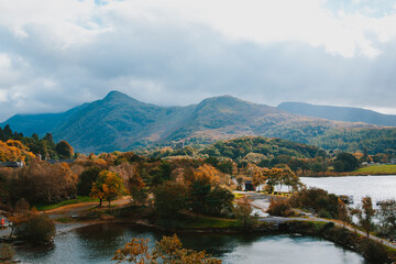 autumn landscape with lake and mountains in Wales
