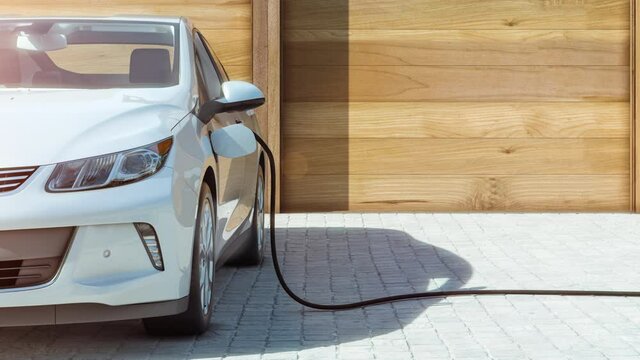 Modern electric car charging at home frontal view 3D animation