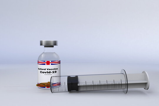 3D Illustration With A Syringe And A Container Bottle With Oxford Vaccine In The Treatment Of Coronavirus Disease 2019 , Covid, Covid19, Covid-19.