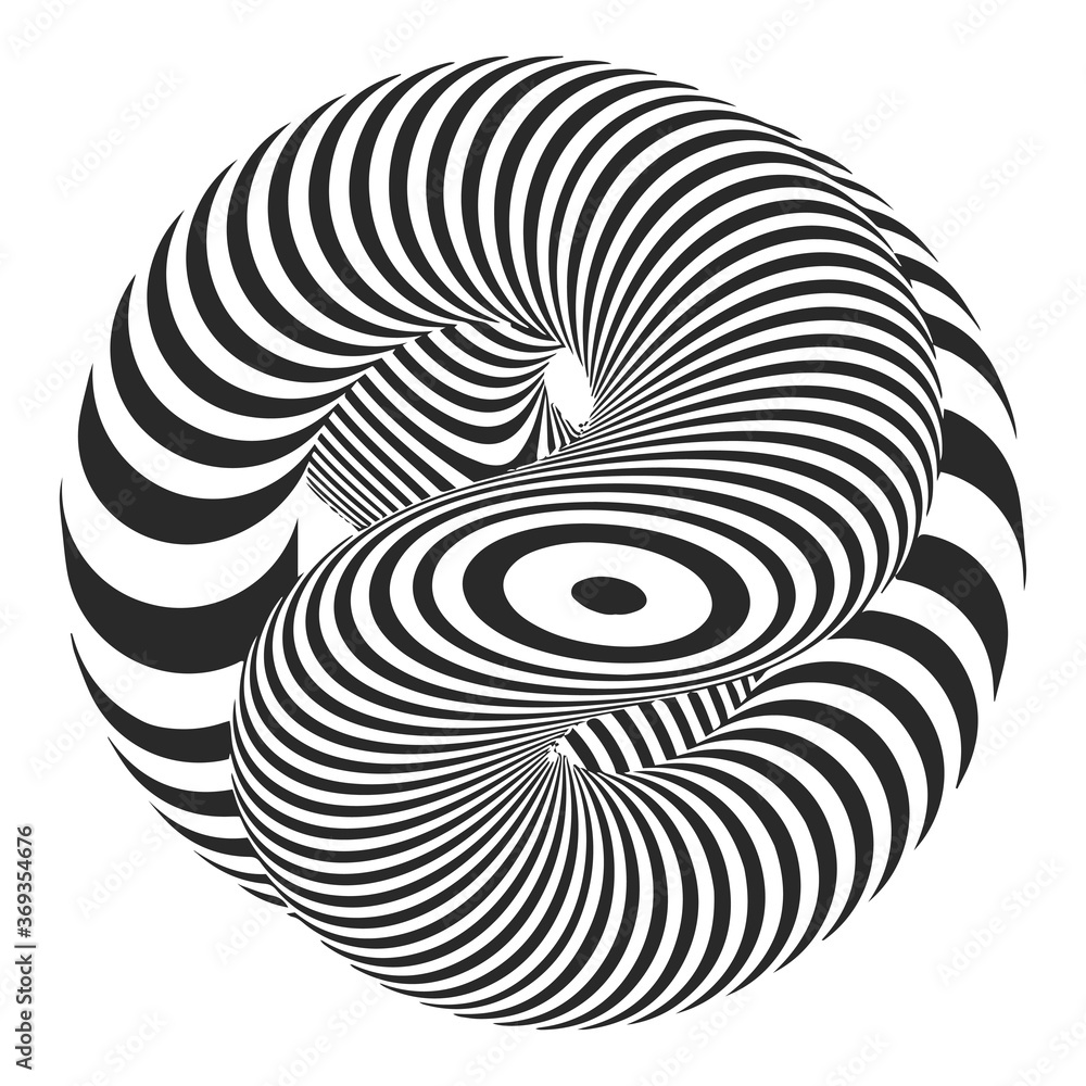 Poster vector spiral diagonal swirls sphere with optical illusion effect. abstract 3d black and white illus