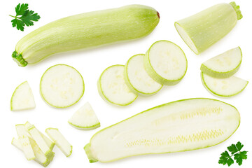 fresh green zucchini or marrow with slices and parsley isolated on white background. Top view