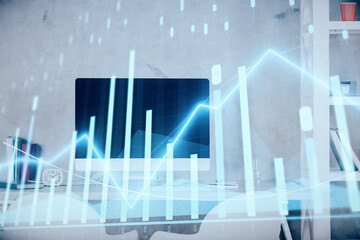 Multi exposure of stock market chart drawing and office interior background. Concept of financial analysis.