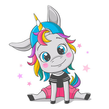 Cute cartoon baby unicorn in shorts and a cap, vector illustration.