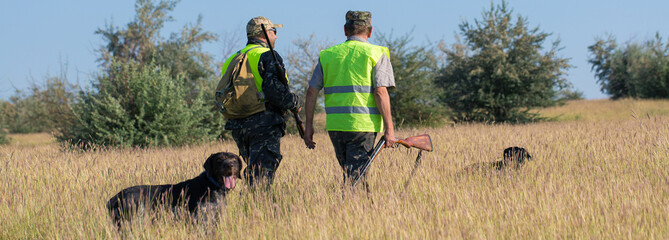 Silhouette of a hunter with a gun in the reeds against the sun, an ambush for ducks with dogs
