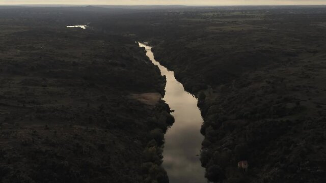 Beautiful river in Ledesma,Salamanca.Spain. Aerial Drone Footage