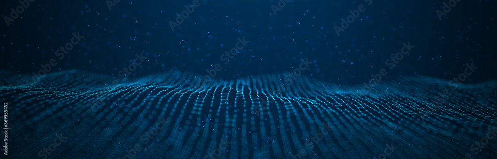 Poster wave 3d. wave of particles. abstract blue geometric background. big data visualization. data technol